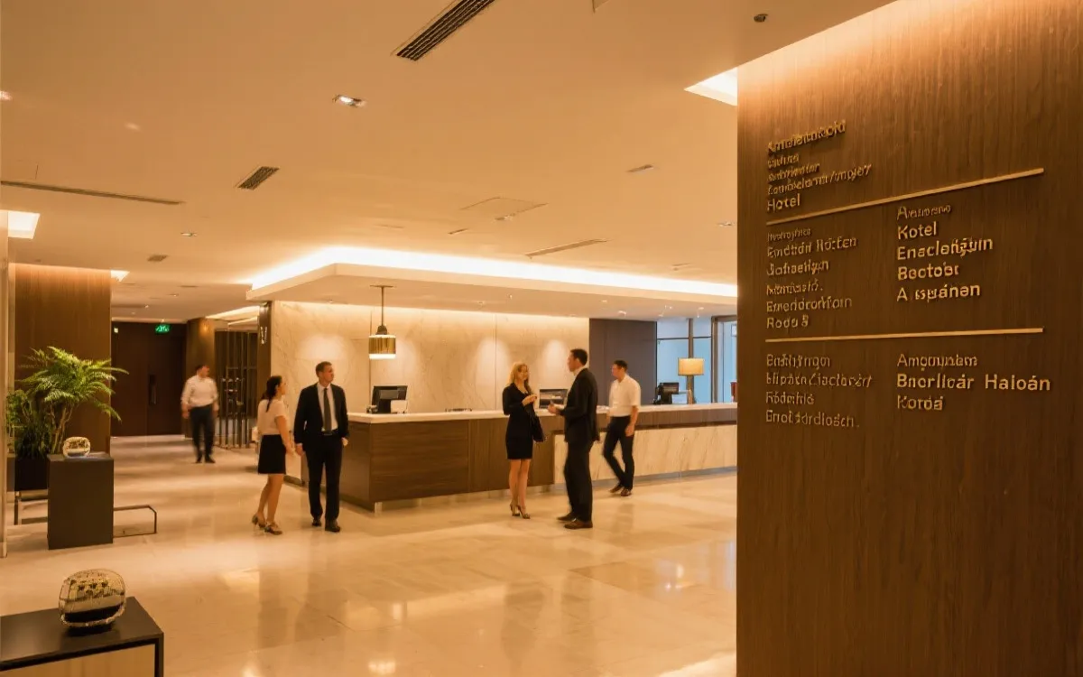 酒店大堂与多语种导视、商务会客与休闲旅客共存的场景